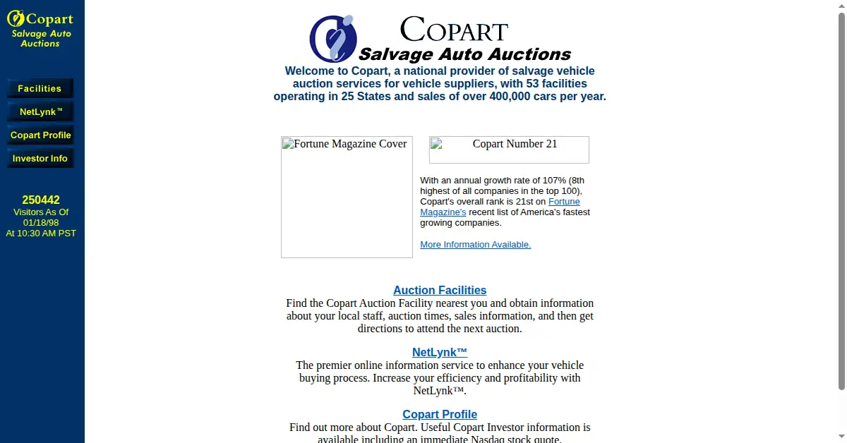 copart.com as the Internet Archive first saved it, 18 Jan 1998