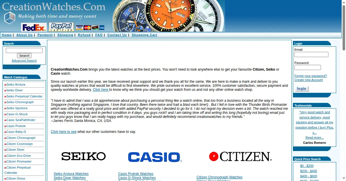 creationwatches.com as the Internet Archive first saved it, 9 May 2006