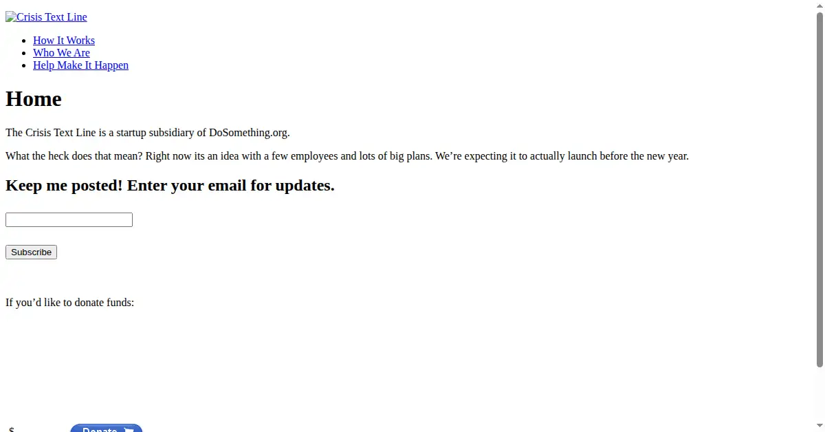 crisistextline.org as the Internet Archive first saved it, 22 Jun 2012