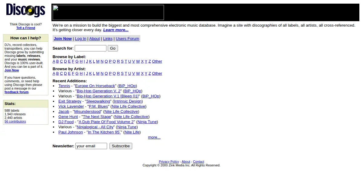 discogs.com as the Internet Archive first saved it, 3 Feb 2001