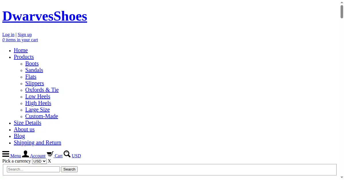 dwarvesshoes.com as the Internet Archive first saved it, 23 Aug 2018