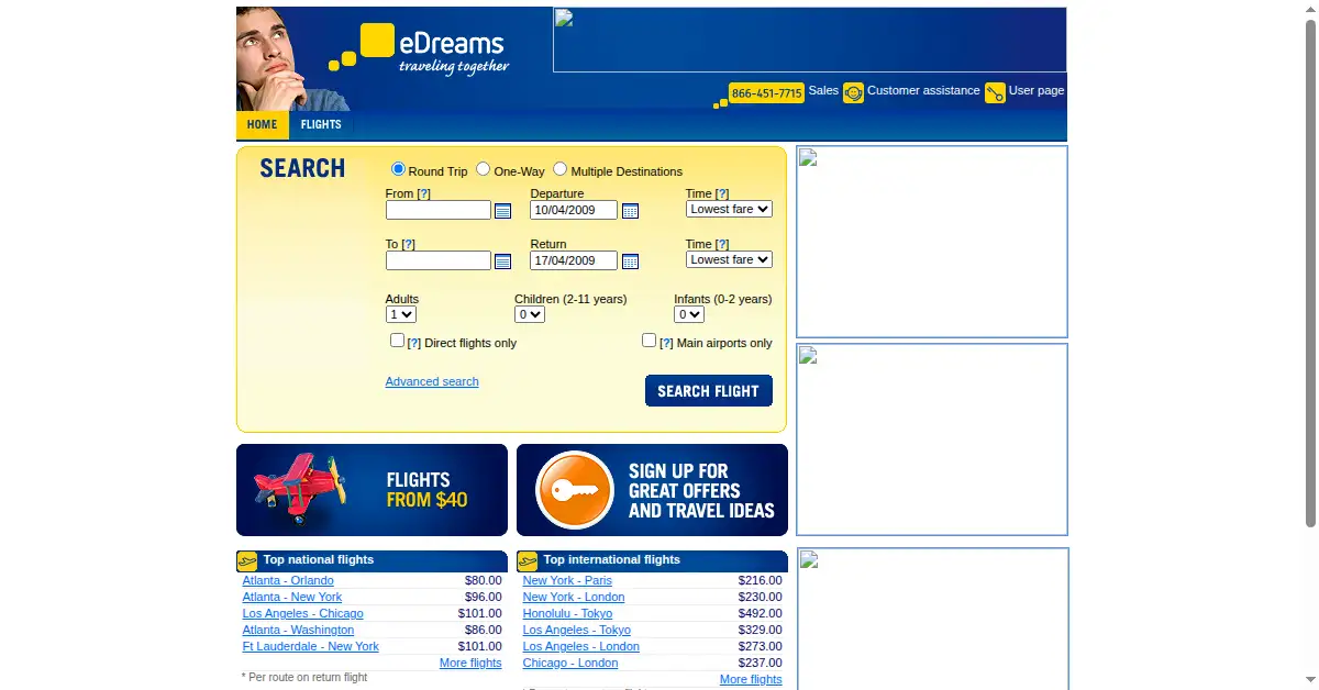 edreams.net as the Internet Archive first saved it, 3 Apr 2009