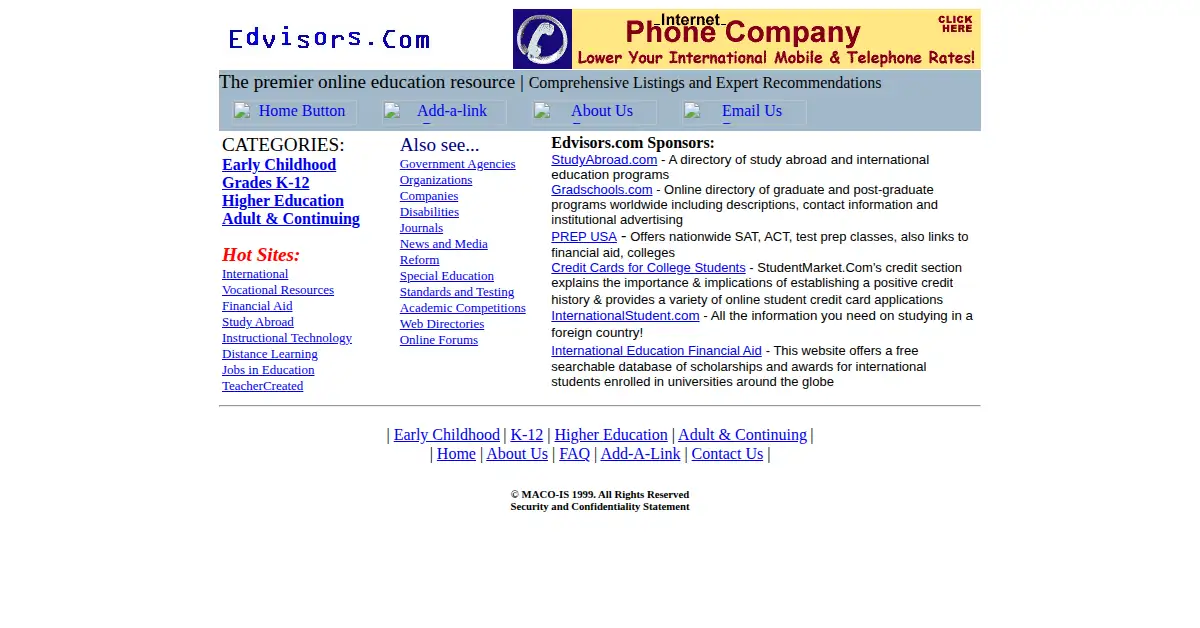 edvisors.com as the Internet Archive first saved it, 9 Mar 2000