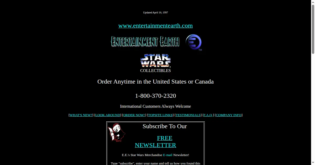 entertainmentearth.com as the Internet Archive first saved it, 18 Apr 1997