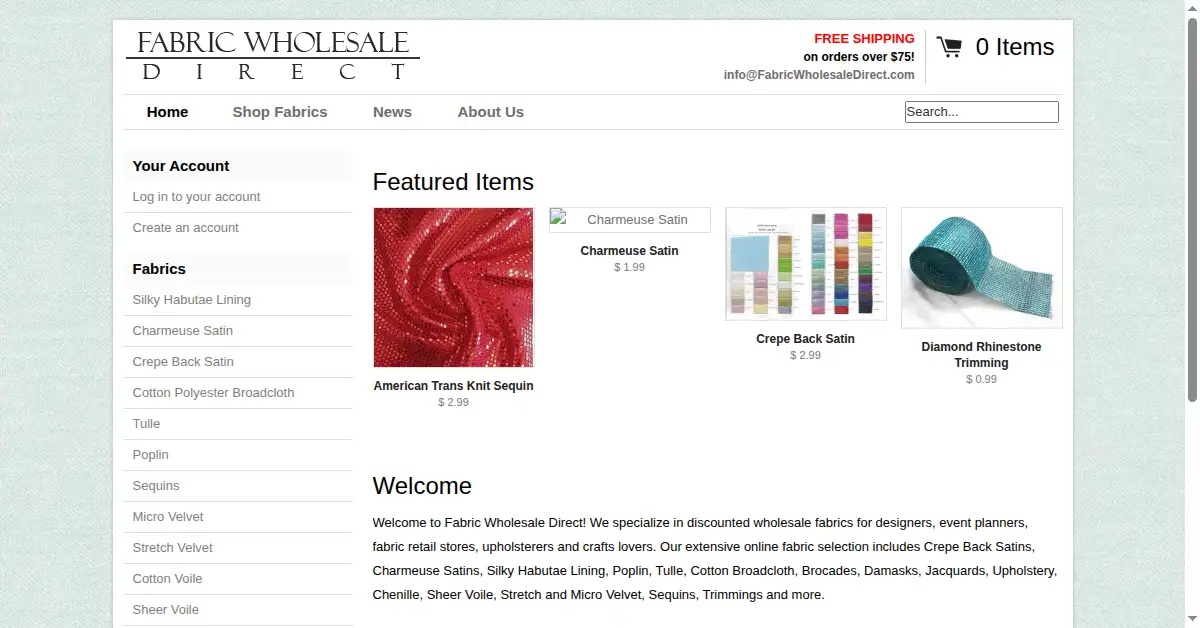 fabricwholesaledirect.com as the Internet Archive first saved it, 20 Dec 2014