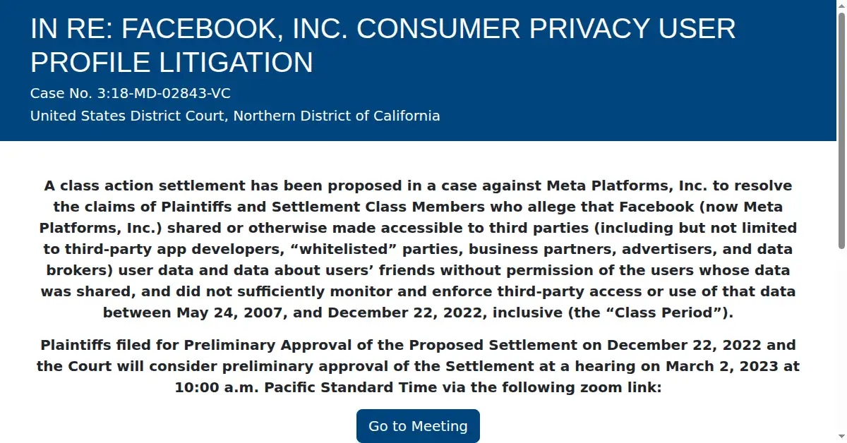 facebookuserprivacysettlement.com as the Internet Archive first saved it, 1 Mar 2023