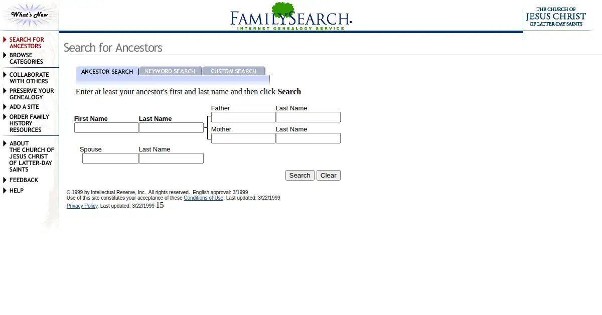familysearch.org as the Internet Archive first saved it, 8 May 1999