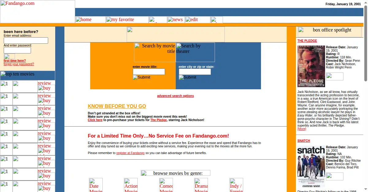 fandango.com as the Internet Archive first saved it, 19 Jan 2001