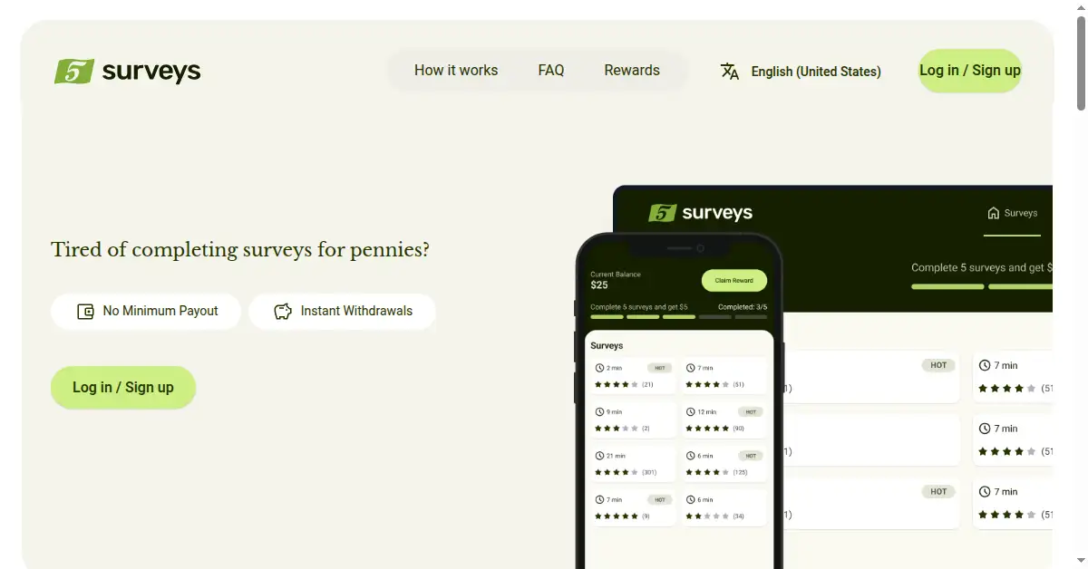 fivesurveys.com as the Internet Archive first saved it, 19 Mar 2024