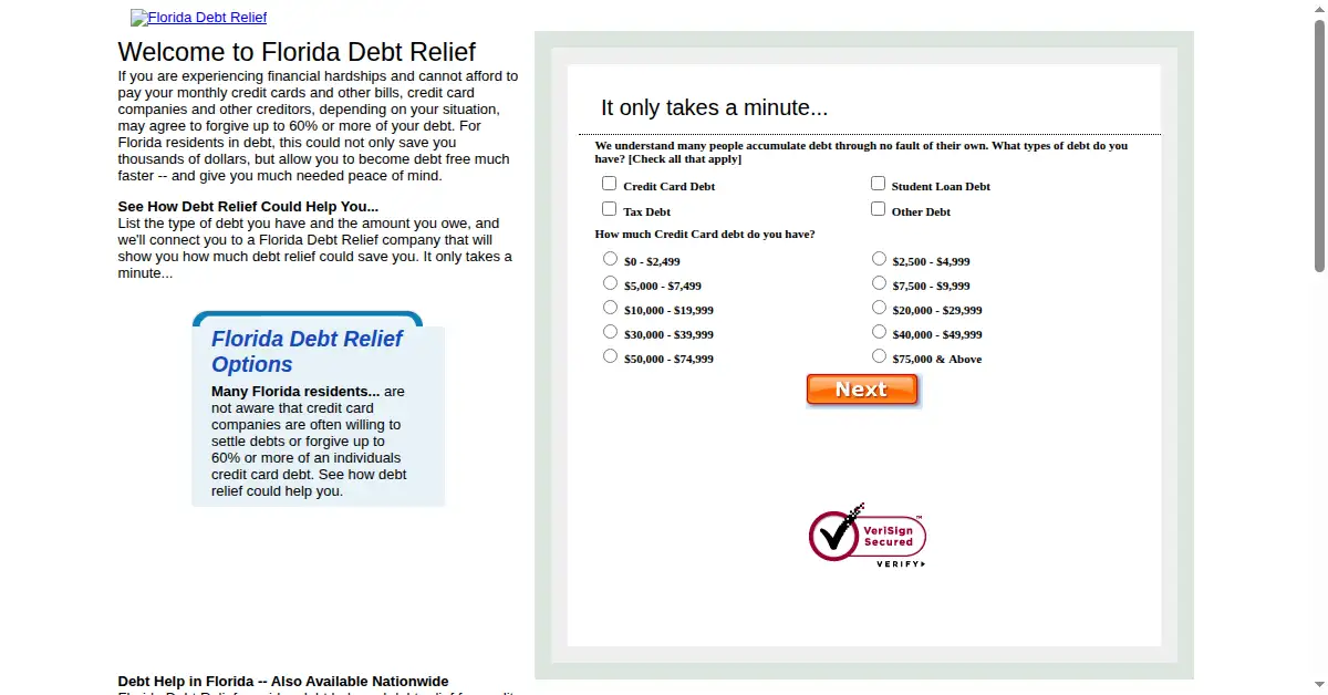 floridadebtrelief.org as the Internet Archive first saved it, 23 Jan 2009