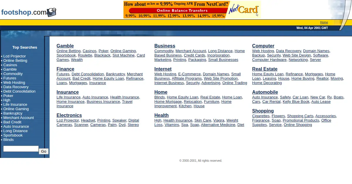 footshop.com as the Internet Archive first saved it, 4 Apr 2001