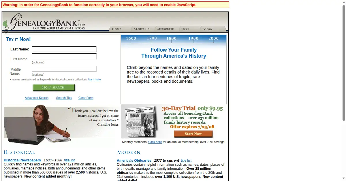 genealogybank.com as the Internet Archive first saved it, 20 Jul 2008