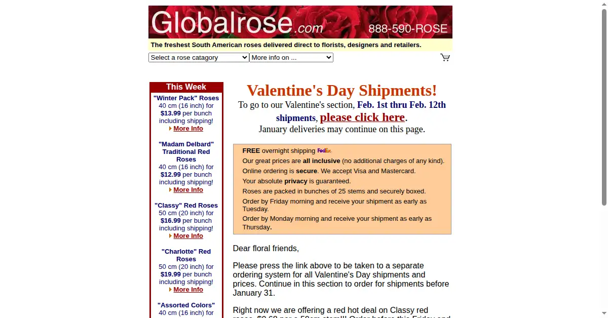 globalrose.com as the Internet Archive first saved it, 22 Jan 2000