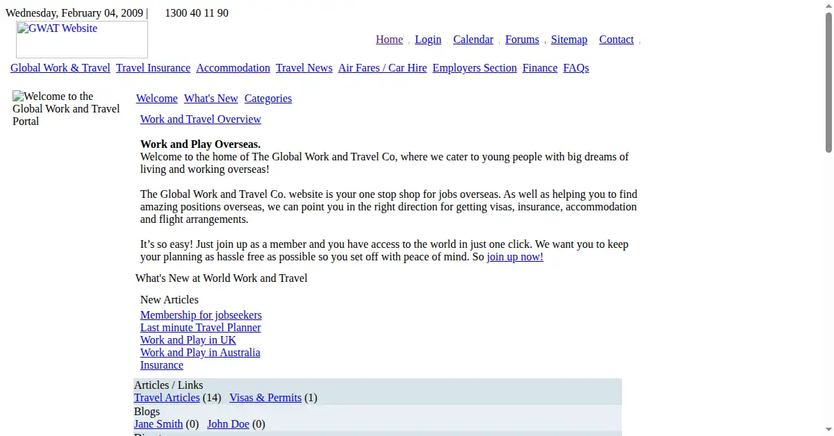 globalworkandtravel.com as the Internet Archive first saved it, 4 Feb 2009
