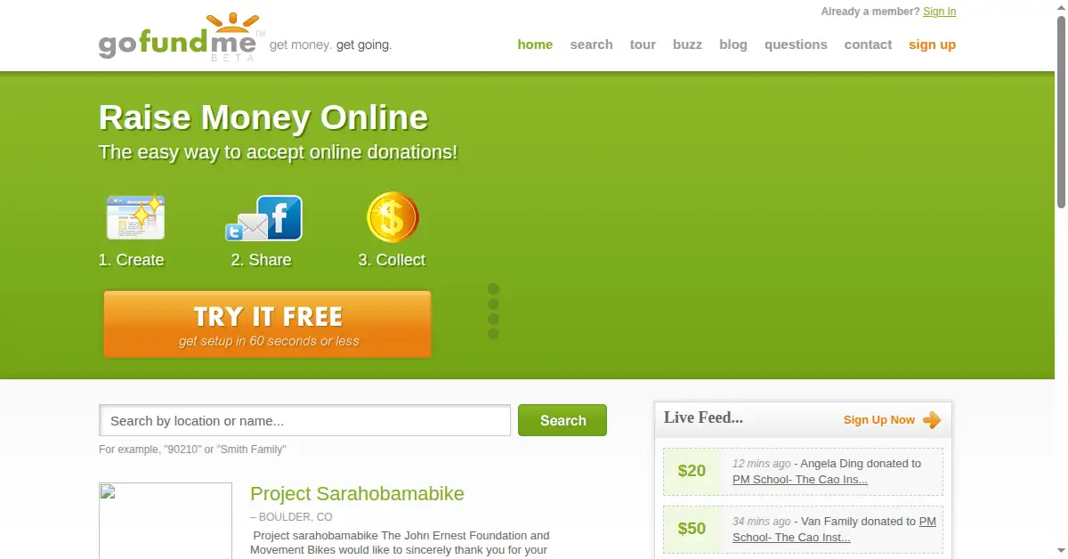 gofundme.com as the Internet Archive first saved it, 4 Jan 2011