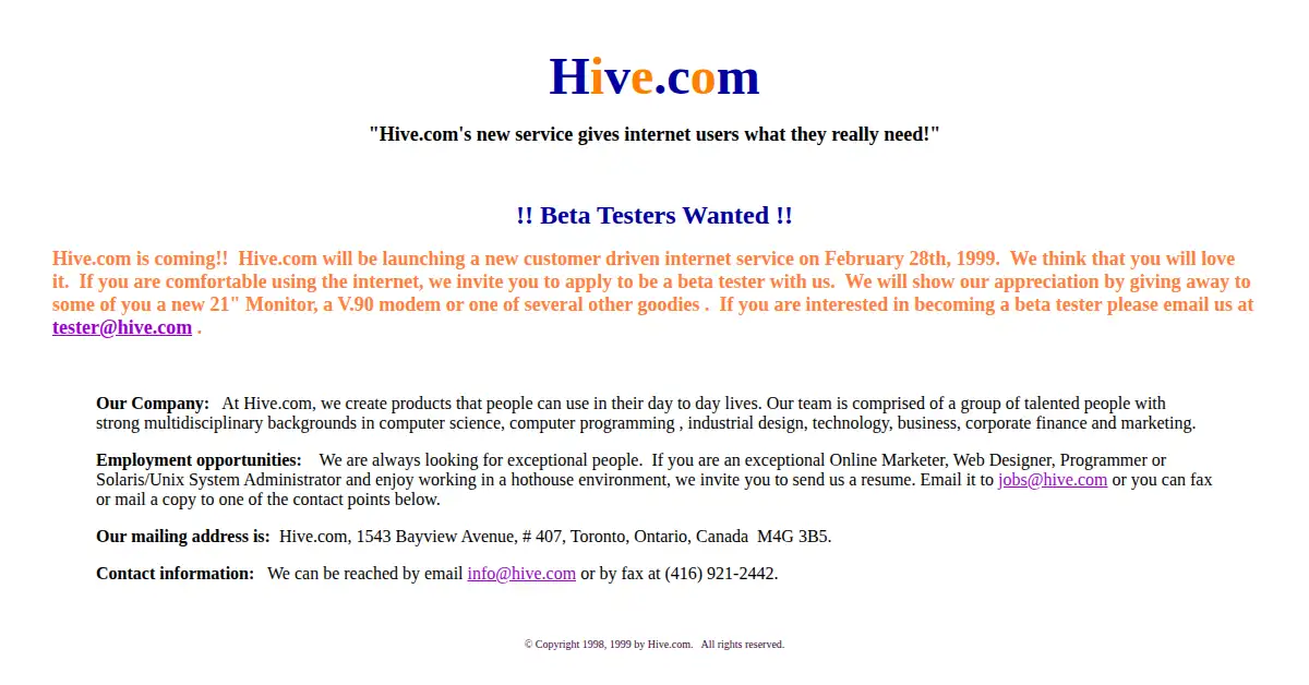 hive.com as the Internet Archive first saved it, 25 Jan 1999