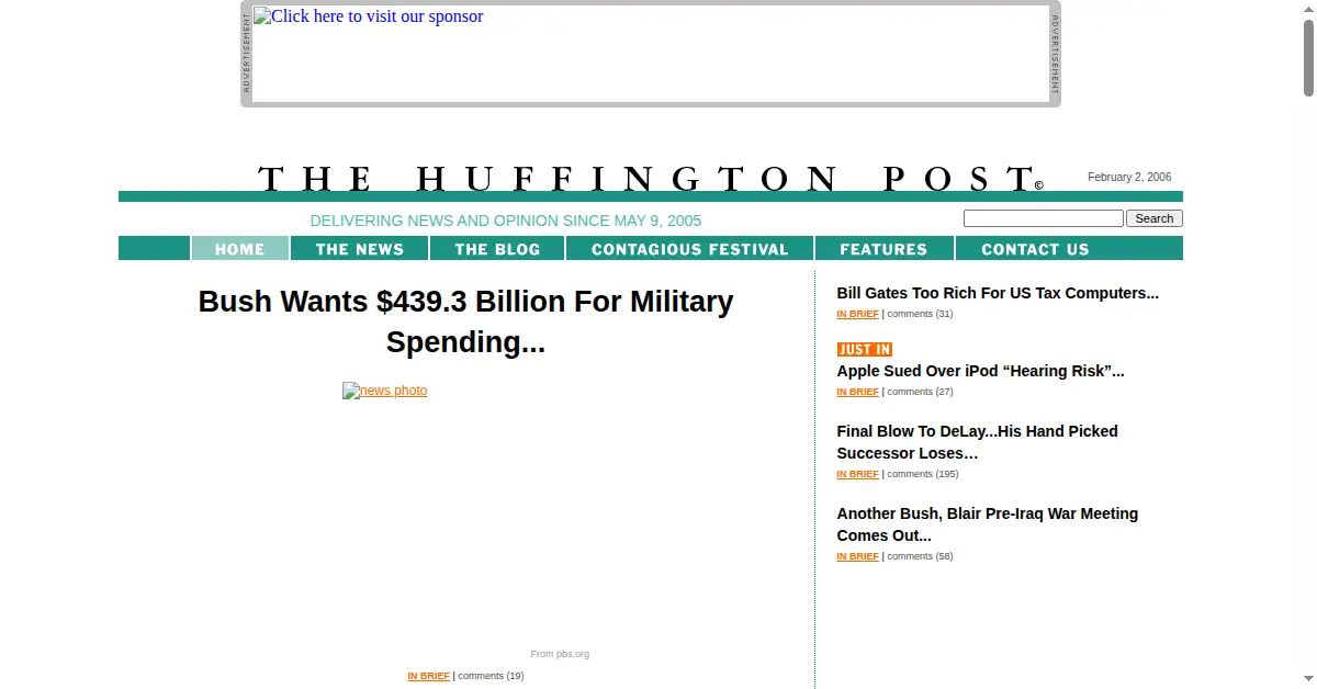 huffpost.com as the Internet Archive first saved it, 3 Feb 2006