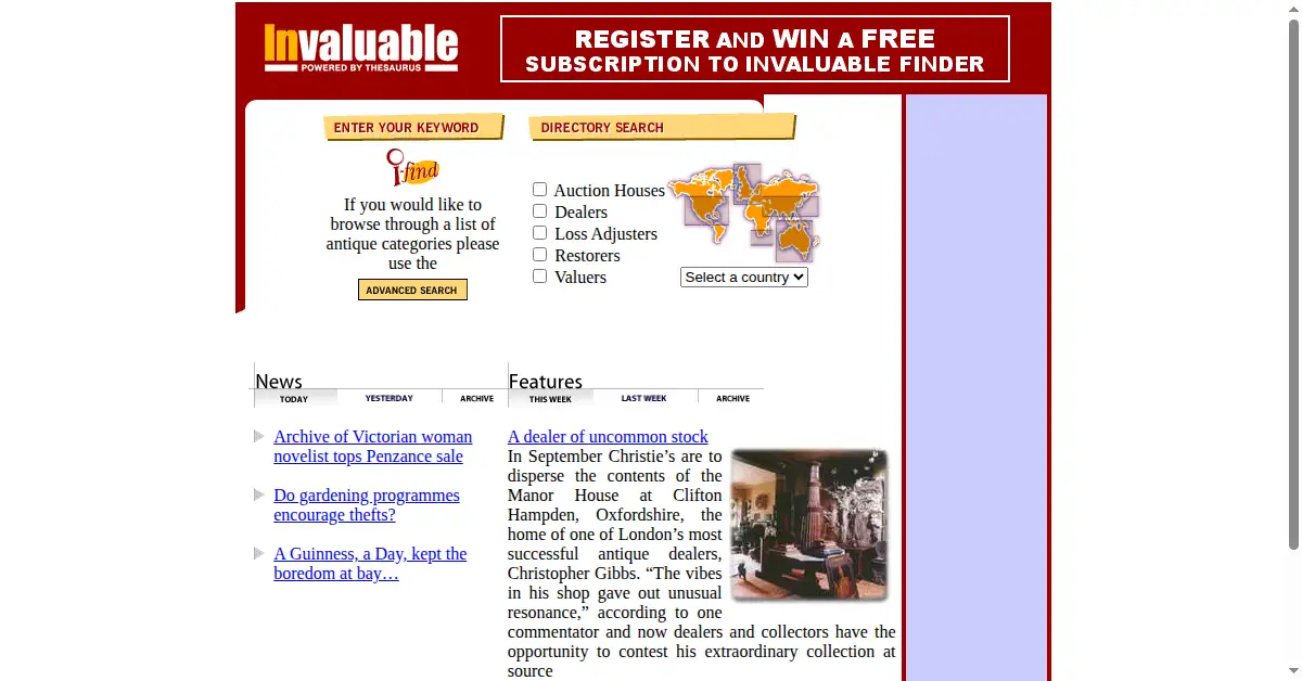 invaluable.com as the Internet Archive first saved it, 15 Aug 2000