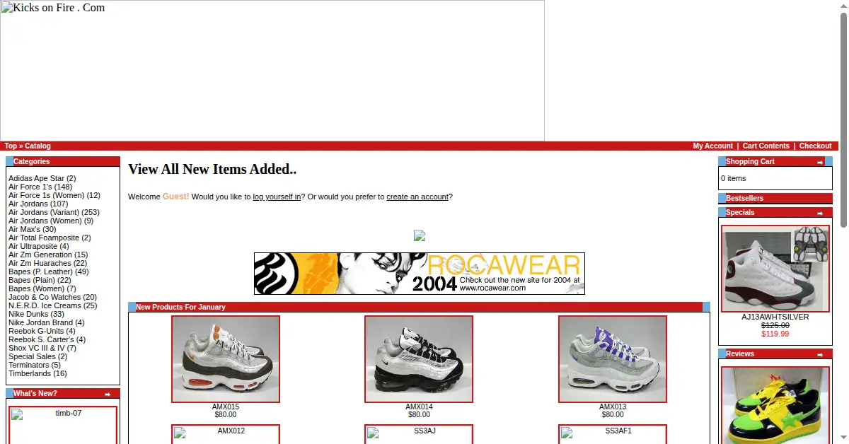 kicksonfire.com as the Internet Archive first saved it, 24 Jan 2005