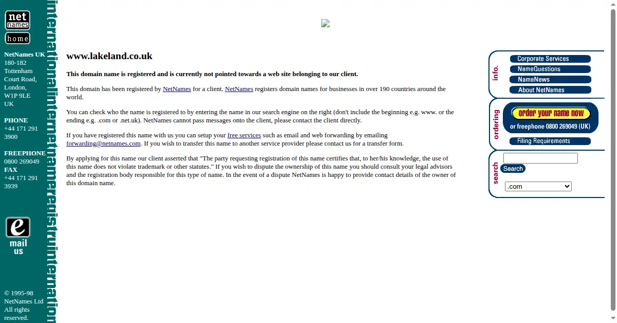 lakeland.co.uk as the Internet Archive first saved it, 12 Dec 1998