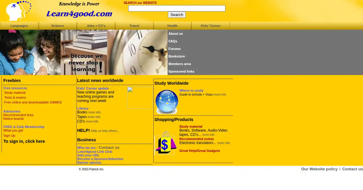 learn4good.com as the Internet Archive first saved it, 12 Aug 2003