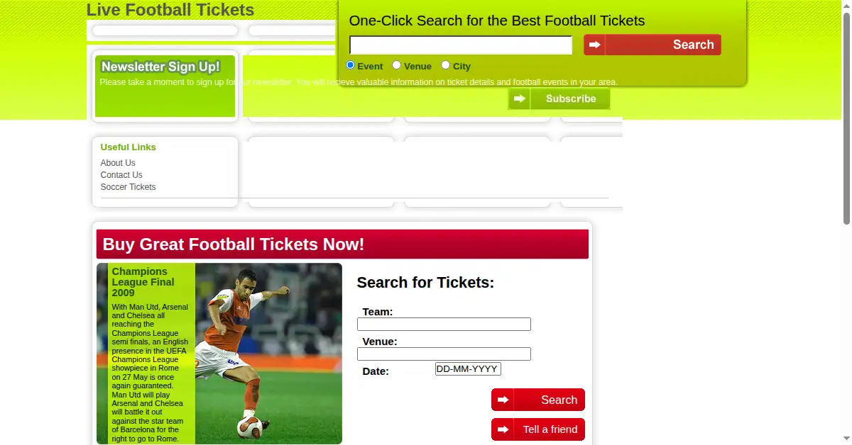 livefootballtickets.com as the Internet Archive first saved it, 22 Apr 2009