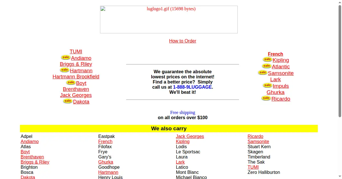 luggageonline.com as the Internet Archive first saved it, 25 Jan 1999