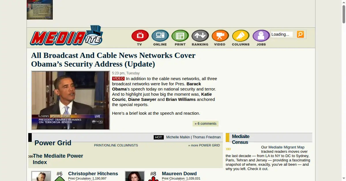 mediaite.com as the Internet Archive first saved it, 6 Jan 2010