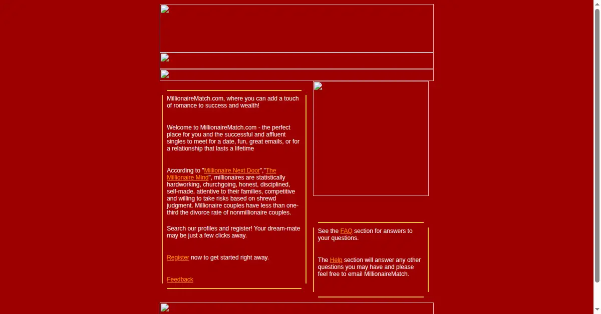 millionairematch.com as the Internet Archive first saved it, 20 Feb 2001