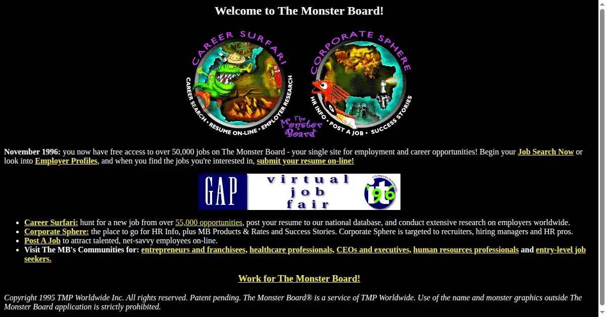monster.com as the Internet Archive first saved it, 11 Nov 1996