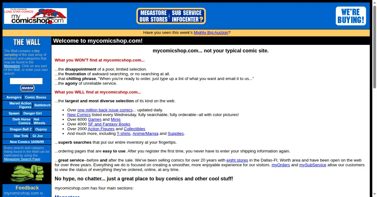 mycomicshop.com as the Internet Archive first saved it, 13 Oct 1999