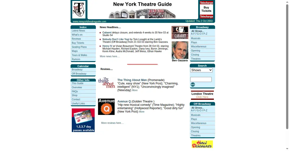newyorktheatreguide.com as the Internet Archive first saved it, 5 Oct 2003