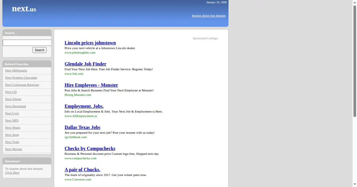 next.us as the Internet Archive first saved it, 10 Jan 2008