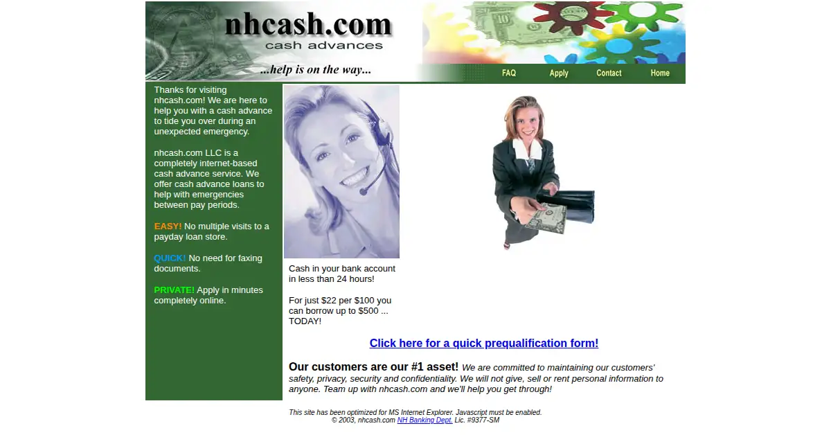 nhcash.com as the Internet Archive first saved it, 13 Oct 2003