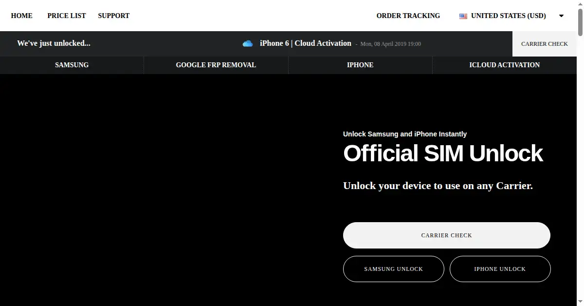 officialsimunlock.com as the Internet Archive first saved it, 9 Apr 2019