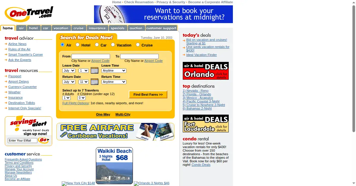 onetravel.com as the Internet Archive first saved it, 10 Jun 2003