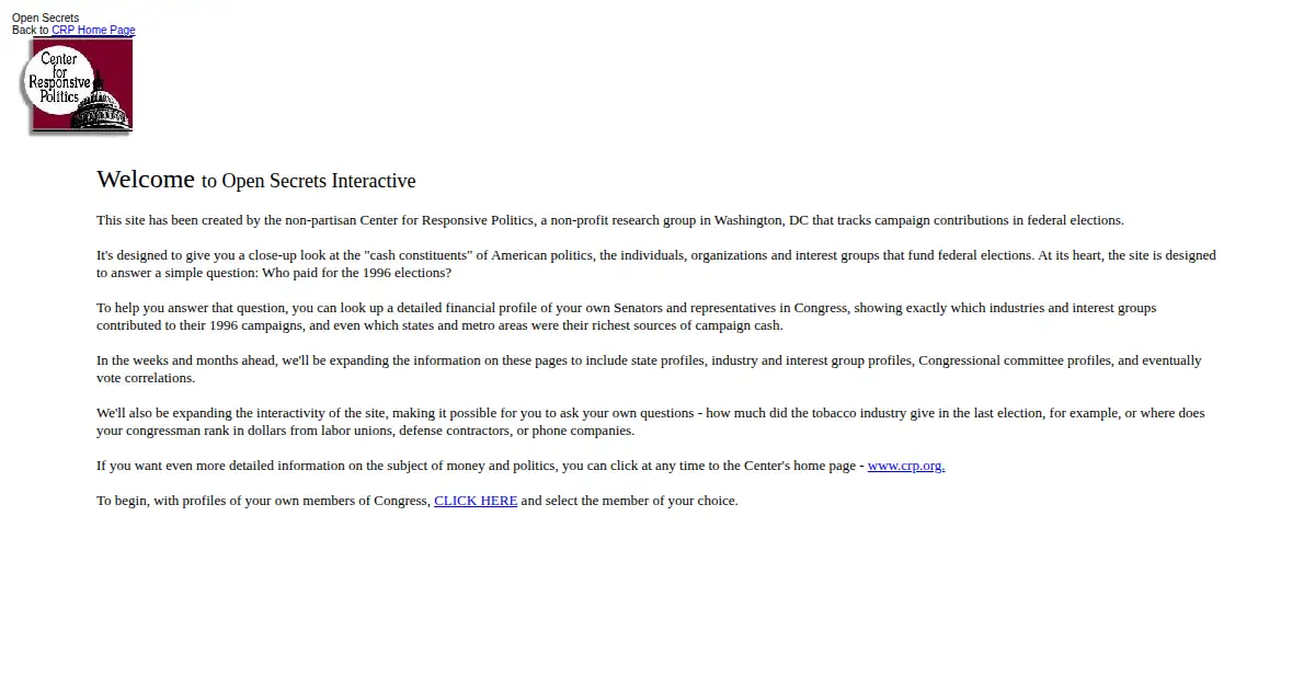 opensecrets.org as the Internet Archive first saved it, 10 Jan 1998