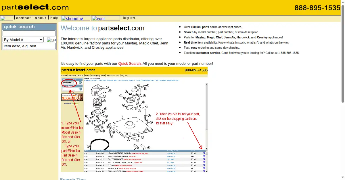 partselect.com as the Internet Archive first saved it, 22 Sep 2001