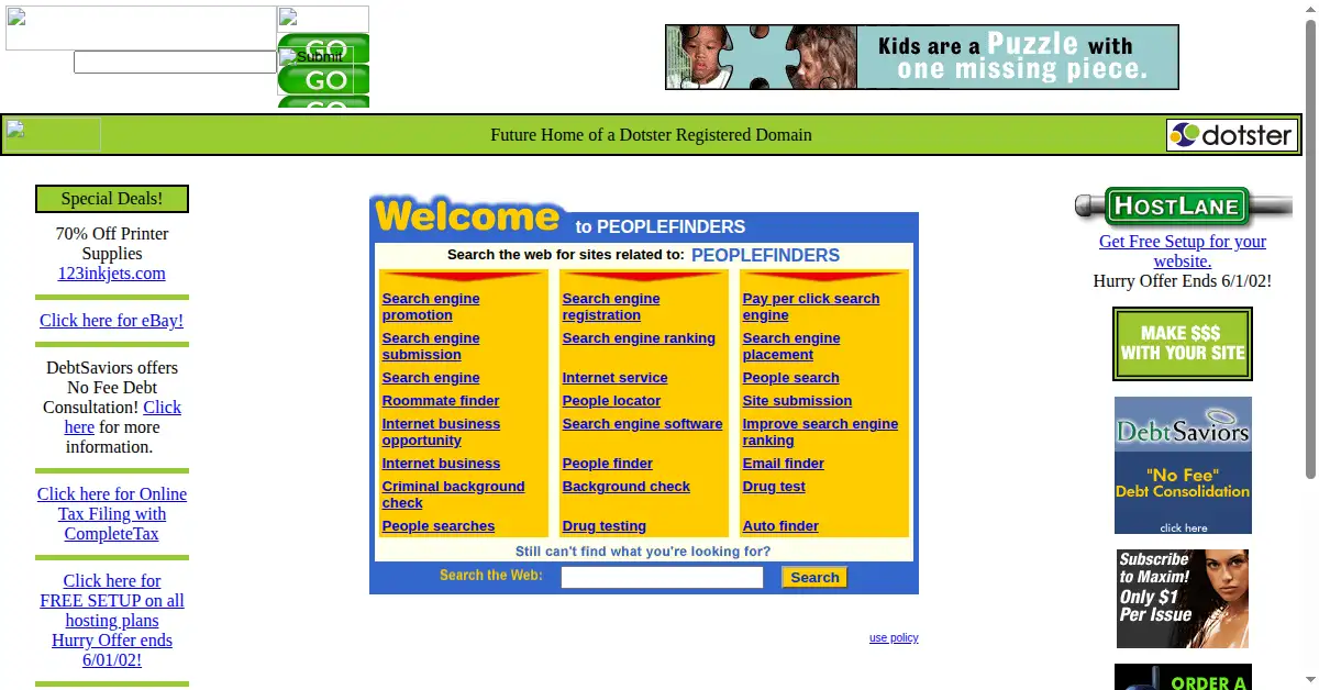 peoplefinders.com as the Internet Archive first saved it, 23 May 2002