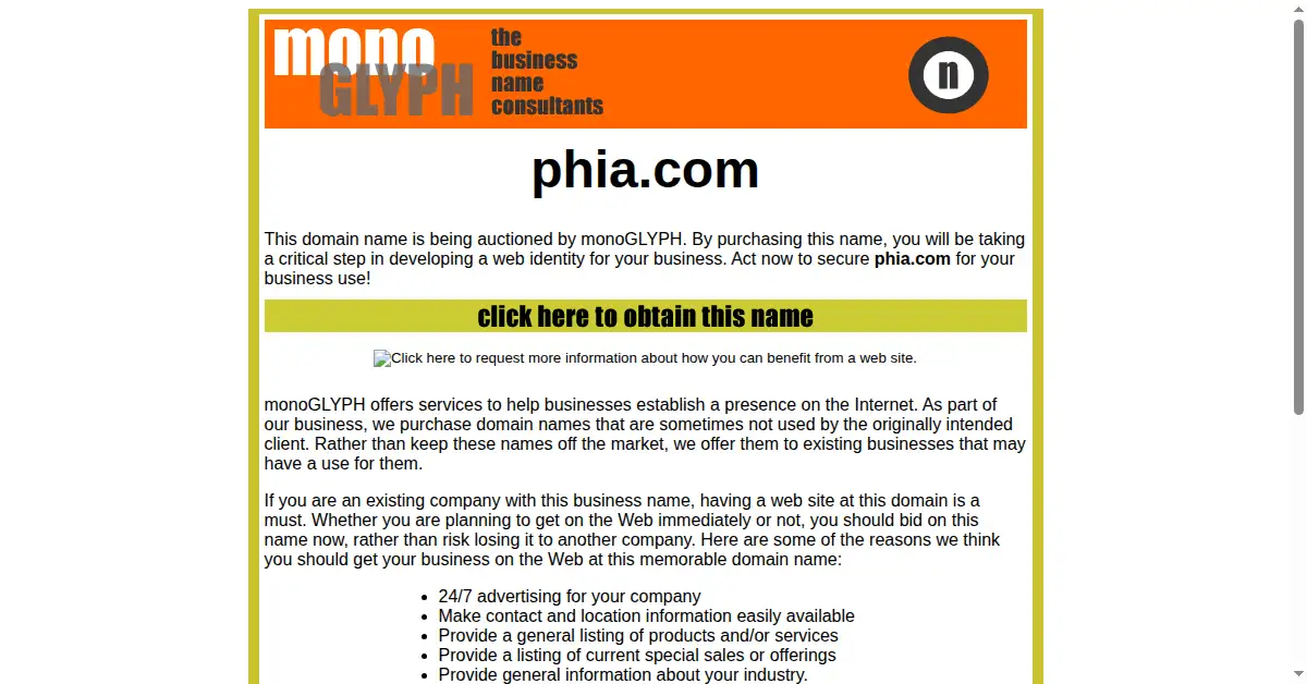 phia.com as the Internet Archive first saved it, 18 May 2001