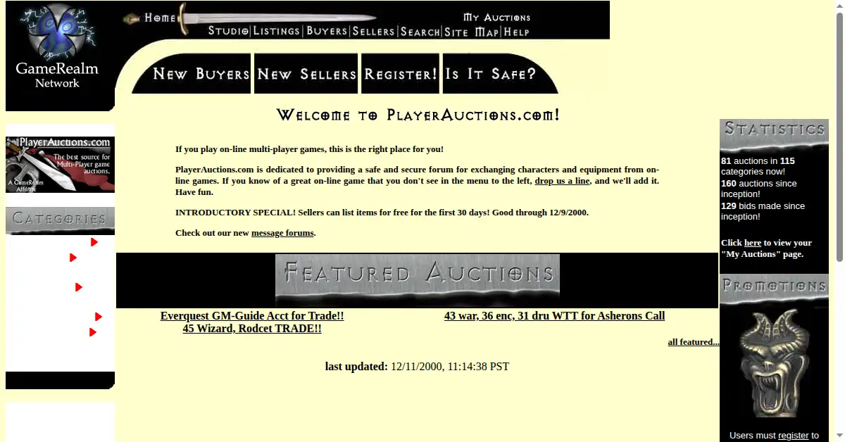 playerauctions.com as the Internet Archive first saved it, 11 Dec 2000
