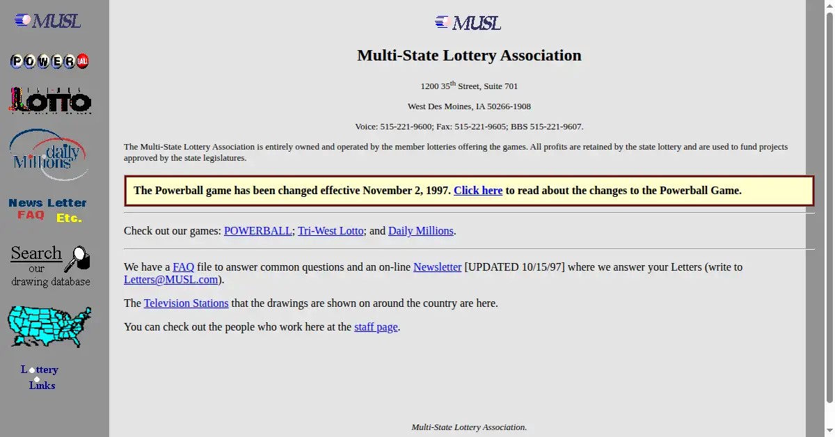 powerball.com as the Internet Archive first saved it, 14 Jan 1998