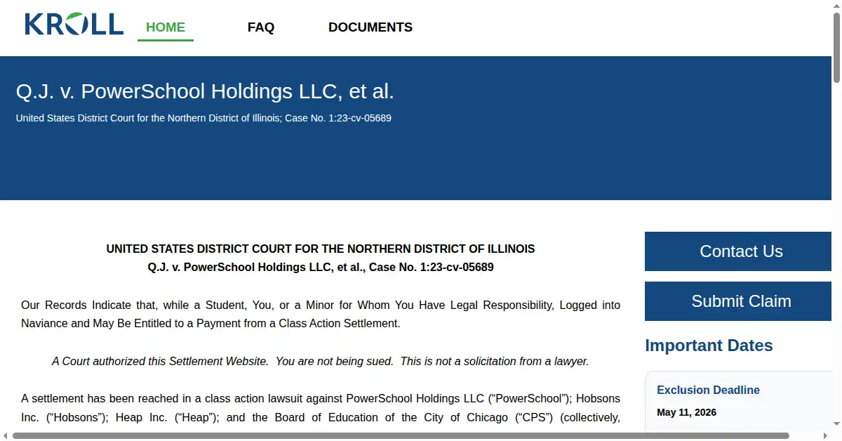 powerschoolnaviancesettlement.com as the Internet Archive first saved it, 18 Mar 2026