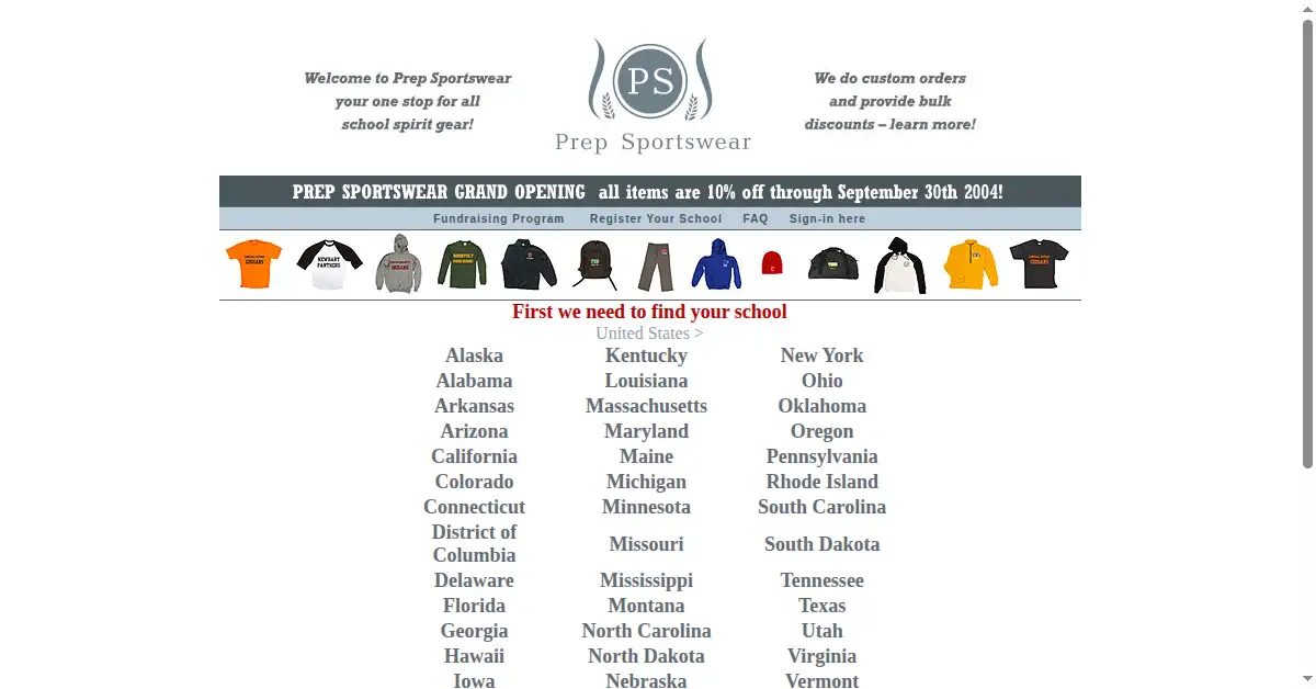 prepsportswear.com as the Internet Archive first saved it, 20 Sep 2004