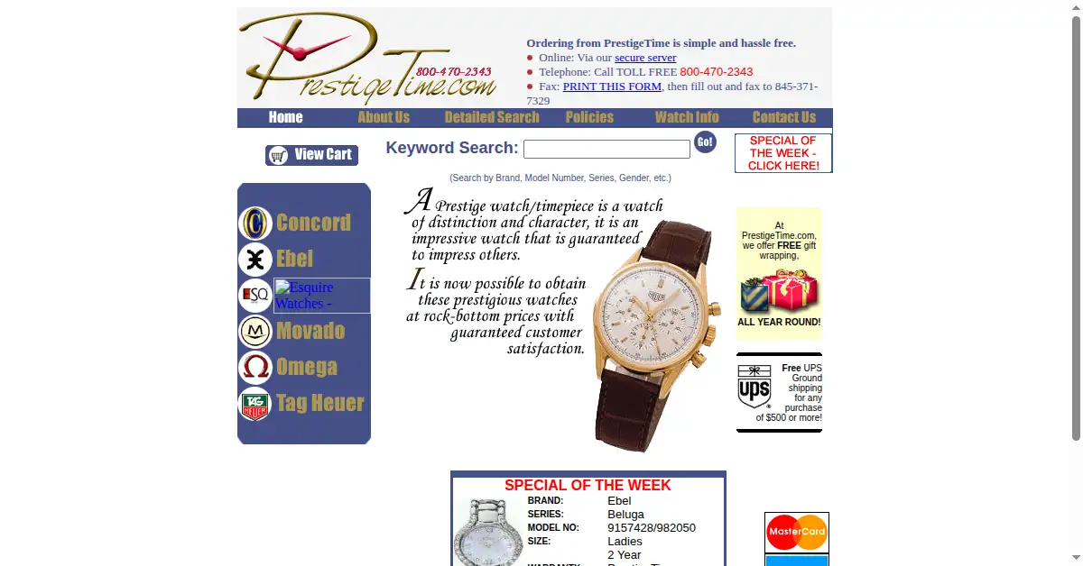 prestigetime.com as the Internet Archive first saved it, 23 Aug 2000