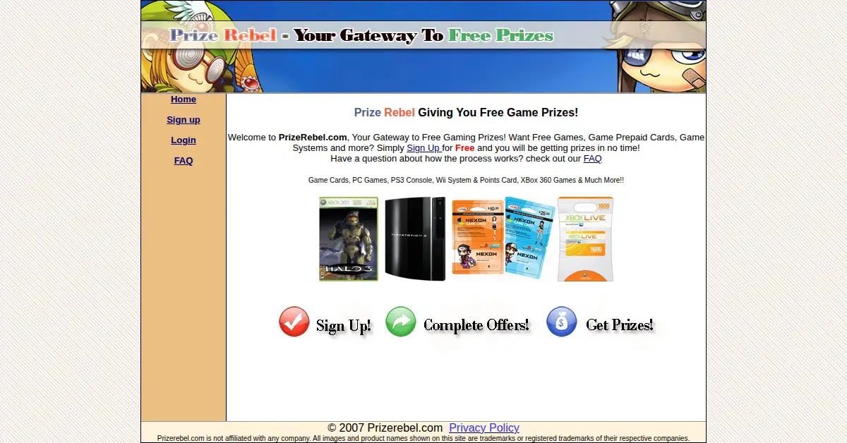 prizerebel.com as the Internet Archive first saved it, 23 May 2007