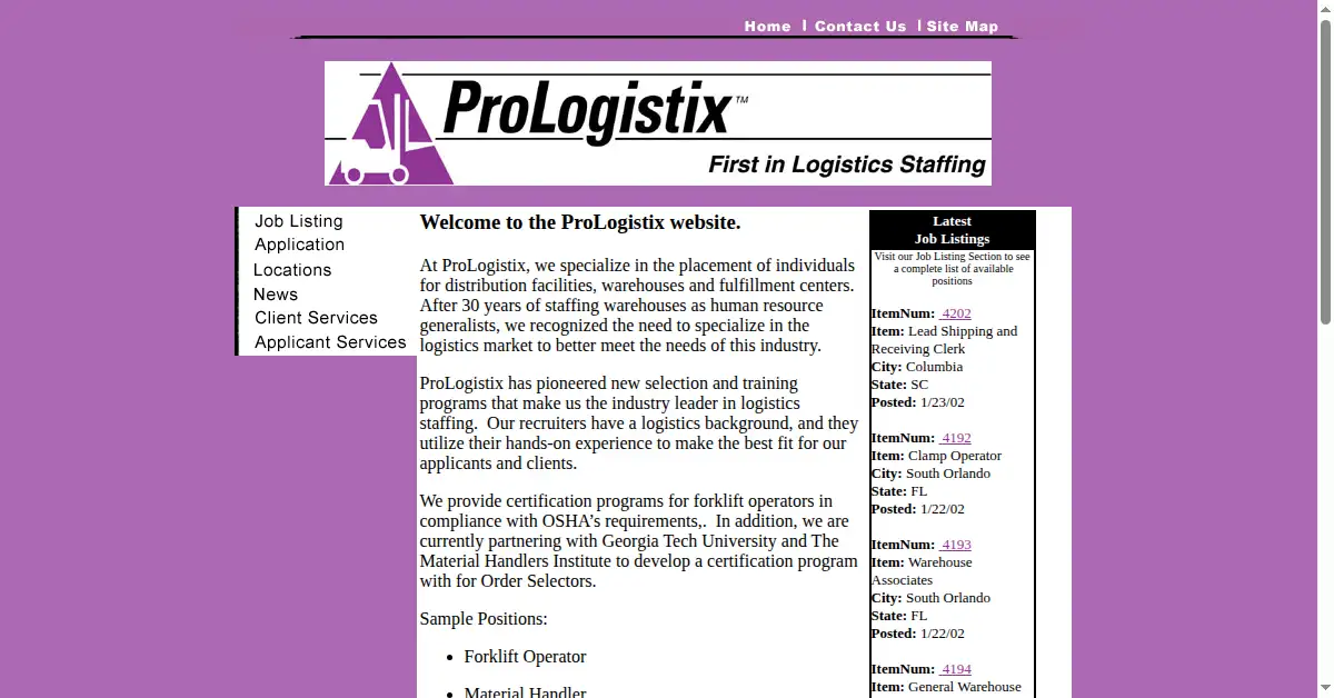prologistix.com as the Internet Archive first saved it, 24 Jan 2002