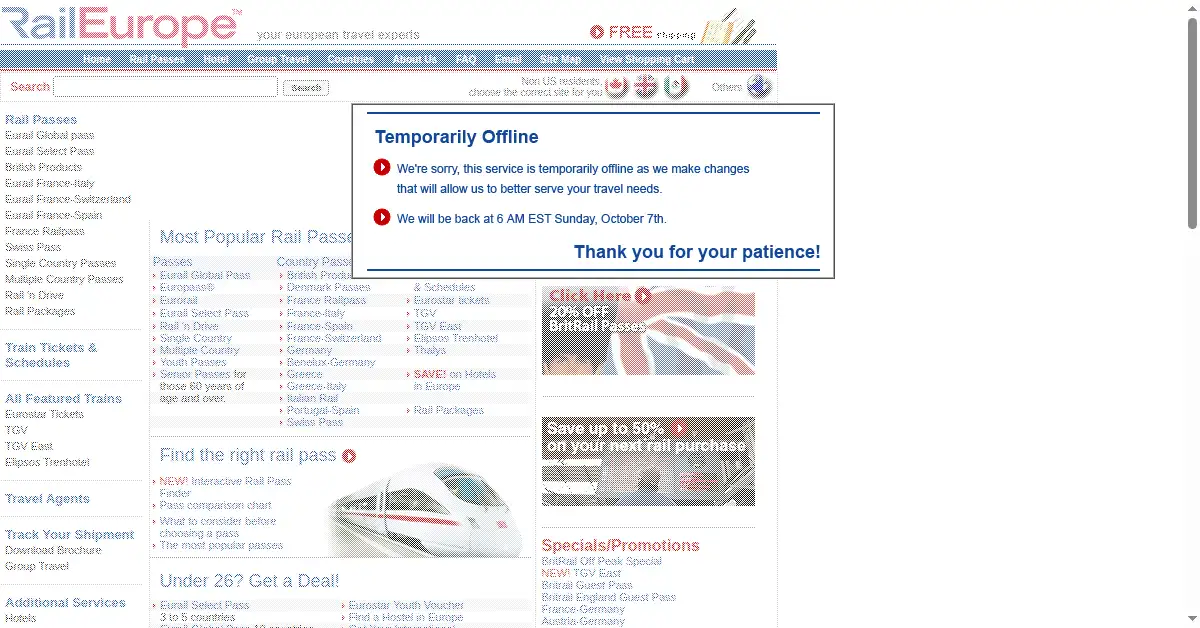 raileurope.com as the Internet Archive first saved it, 7 Oct 2007