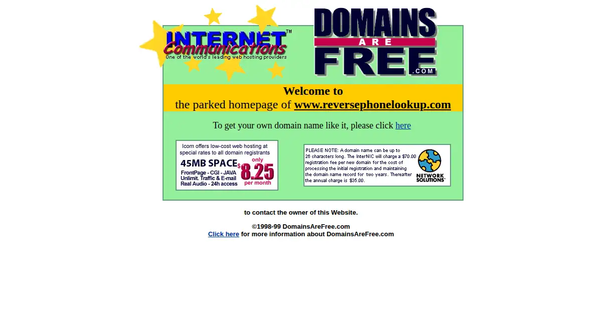 reversephonelookup.com as the Internet Archive first saved it, 10 May 2000