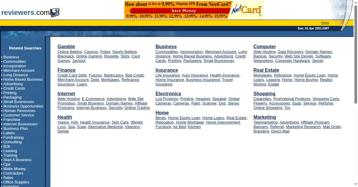 reviewers.com as the Internet Archive first saved it, 1 Apr 2001
